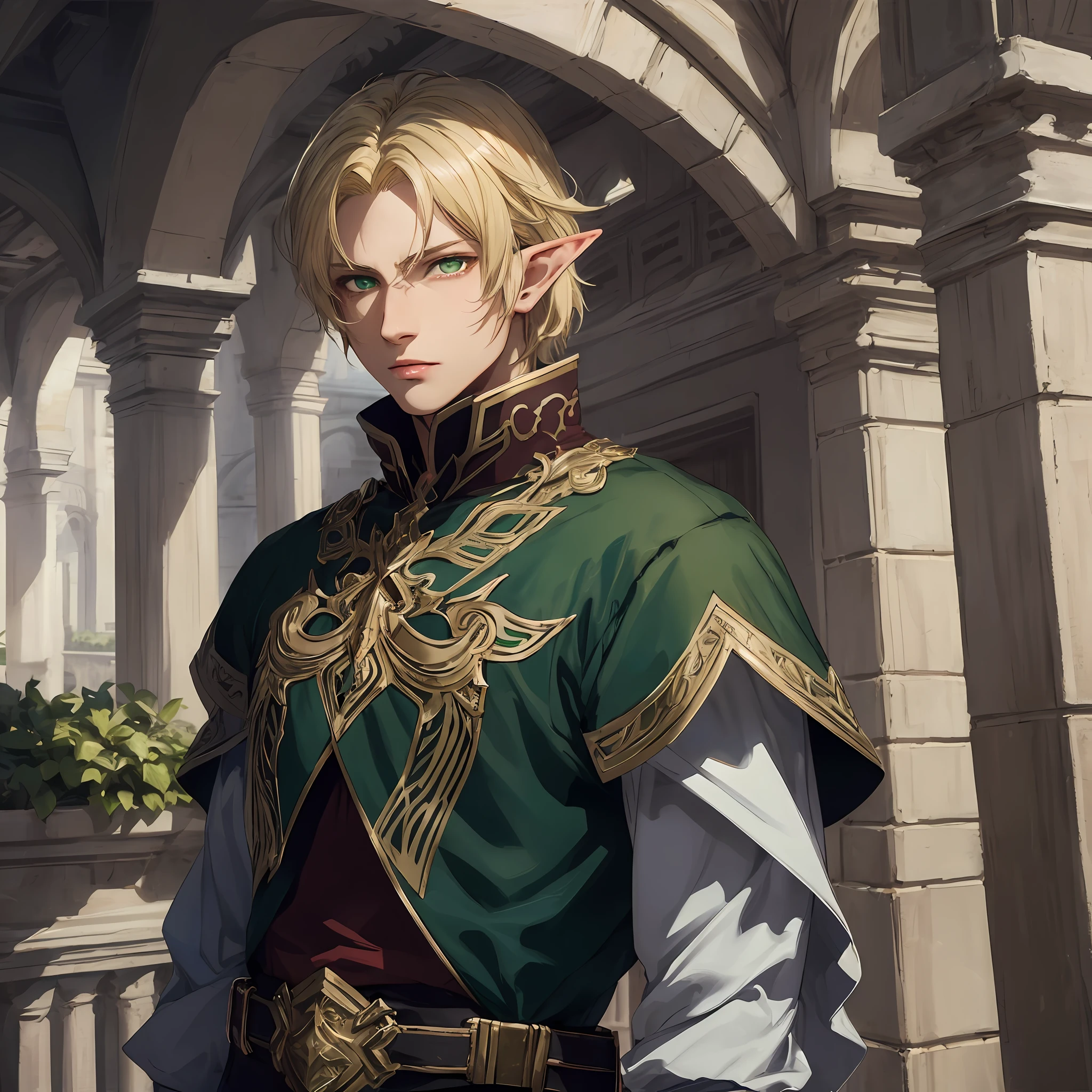 Anime - style image of a male elf in a green and gold outfit - SeaArt AI