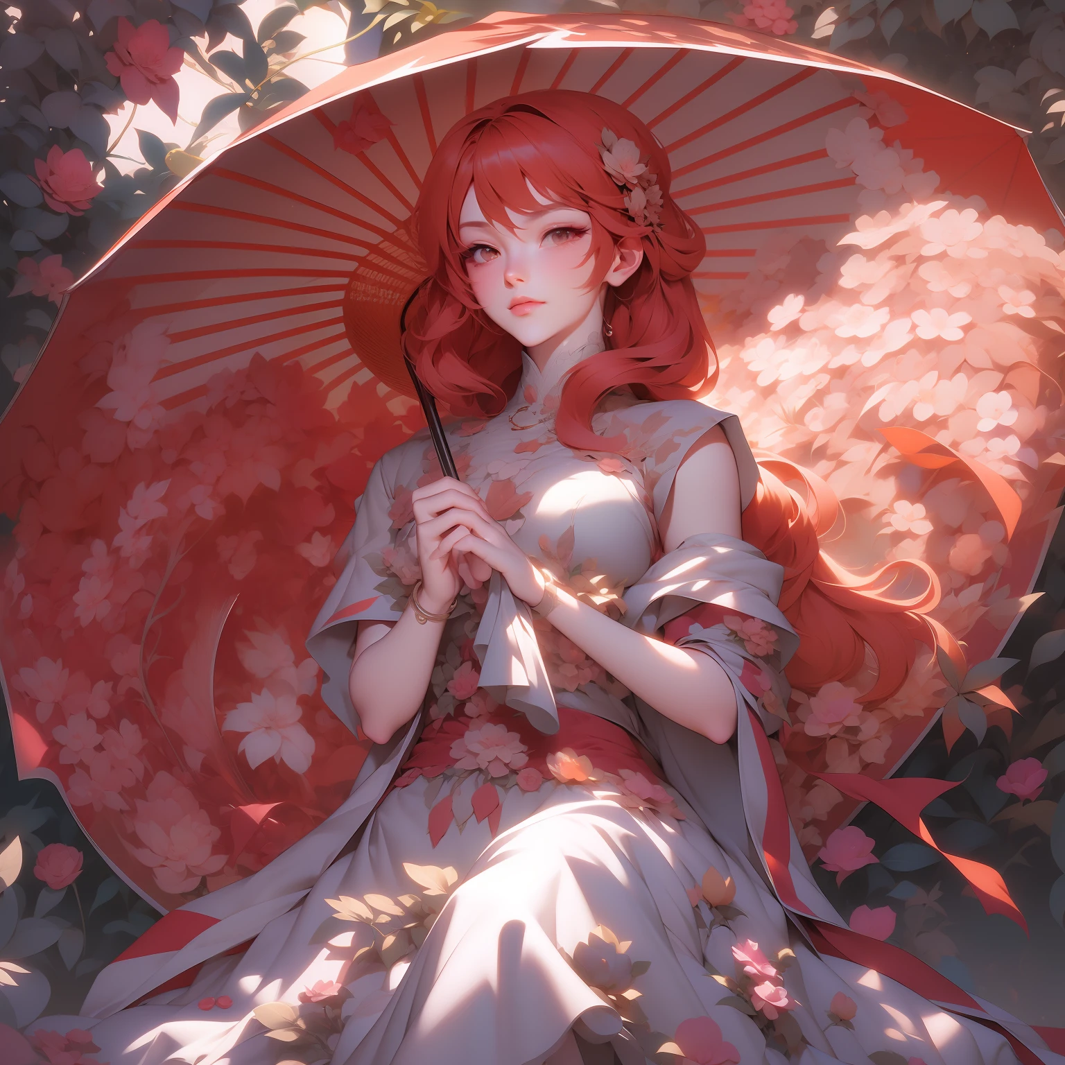 anime girl with red hair and a red dress holding a red umbrella, pixiv contest winner, by Shitao, korean art nouveau anime, a beautiful artwork illustration, digital art on pixiv, by Yuumei, pixiv style, pixiv, anime fantasy illustration, inspired by Yuumei, alphonse mucha and rossdraws, official fanart,, beautiful line art, detailed manga style, extremely fine ink lineart, black and white manga style, black and white line art, ink manga drawing, intense line art, pencil and ink manga drawing, intense black line art, in style of manga, exquisite line art, perfect lineart,exquisite line art, exquisite digital illustration, detailed digital drawing, black and white coloring, digital anime illustration, a beautiful artwork illustration, detailed matte fantasy portrait, beautiful line art, great digital art with details, goddess. extremely high detail, 4k detailed digital art, stunning digital illustration, digital fantasy illustration,((Best quality)), ((masterpiece)), (detailed:1.4), 3D, an image of a beautiful female,HDR (High Dynamic Range),Ray Tracing,NVIDIA RTX,Super-Resolution,Unreal 5,Subsurface scattering,PBR Texturing,Post-processing,Anisotropic Filtering,Depth-of-field,Maximum clarity and sharpness,Multi-layered textures,Albedo and Specular maps,Surface shading,Accurate simulation of light-material interaction,Perfect proportions,Octane Render, Two-tone lighting,Wide aperture,Low ISO,White balance,Rule of thirds,8K RAW