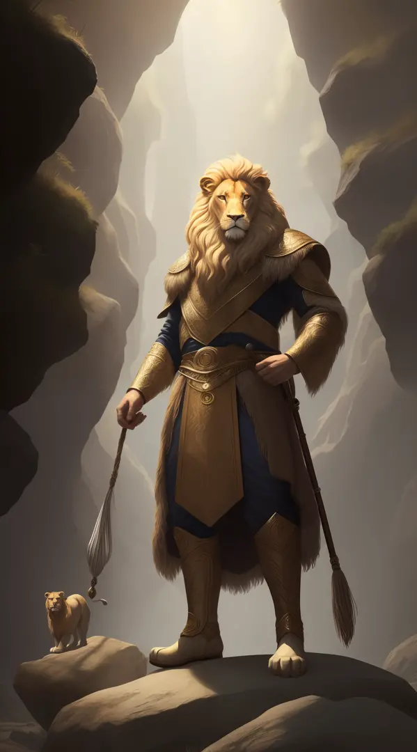 a detailed RAW photo of a Lord of the Rings-style humanoid lion, on the rock, standing, imposing pose, boby, (((all boby)))), with human features, ((clear and bright eyes giving the impression of magic)),photo taken from afar, white beard, white mane, mark...