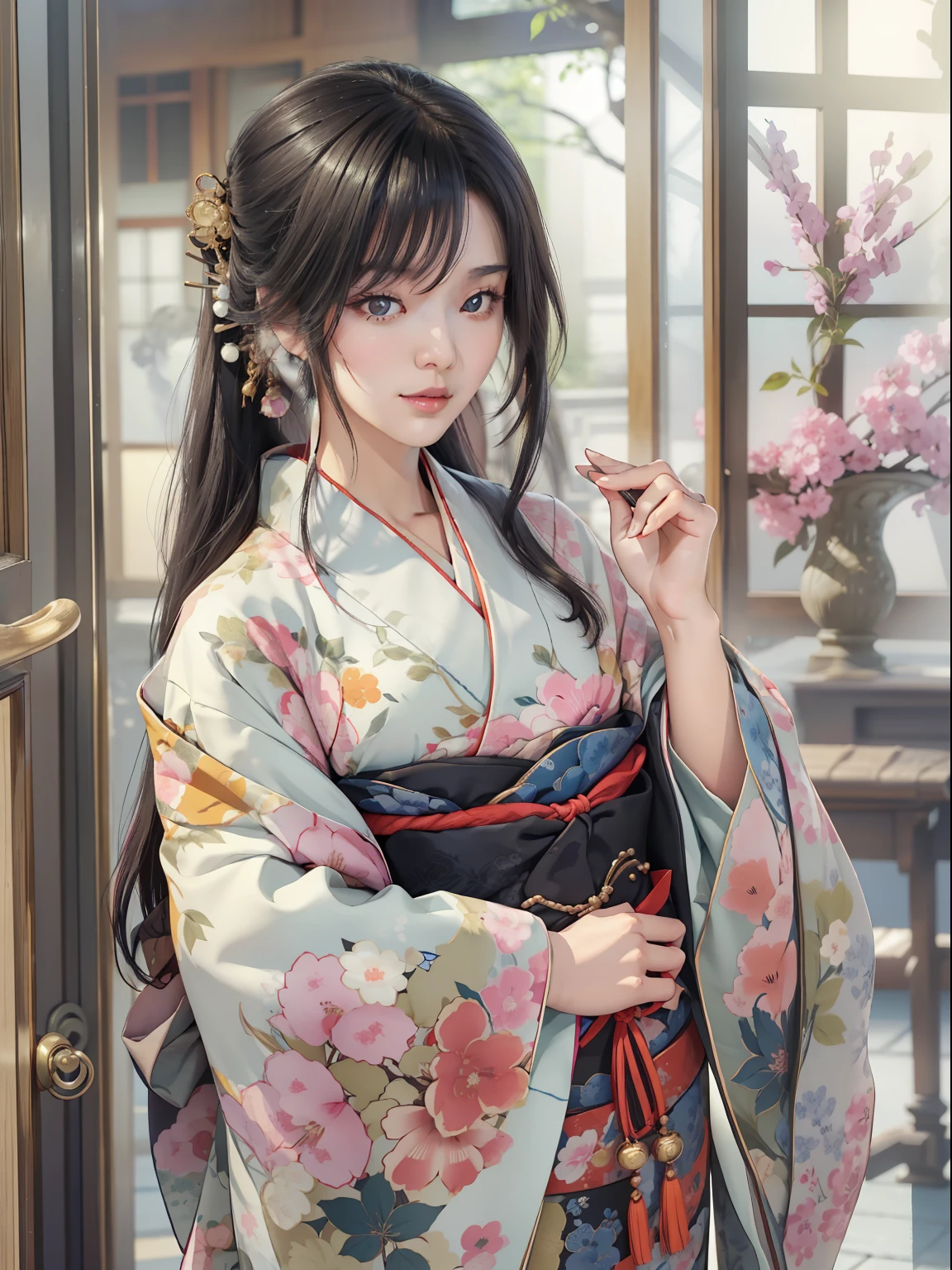 Mature girl、A Japanese Lady、Long Black Hair、Do not tie your hair back、No ponytail、A slight smile、Black-haired、Colorful Japan kimono、Nishijin Ori、Delicate and smart eyes、Japanese houses、intricate damask hanfu、Luxury accessories、FOV、F1.8、​masterpiece、complex scenes、Diagonal portrait shot、