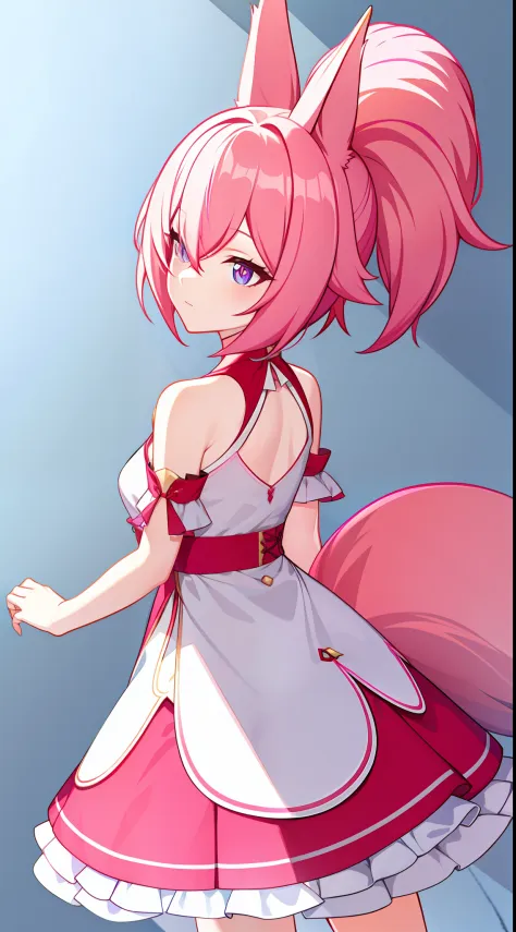 tall girl, short pink hair, high ponytail, fox ears, pink eyes, fox tails, light dress, open shoulders, masterpiece, hiquality