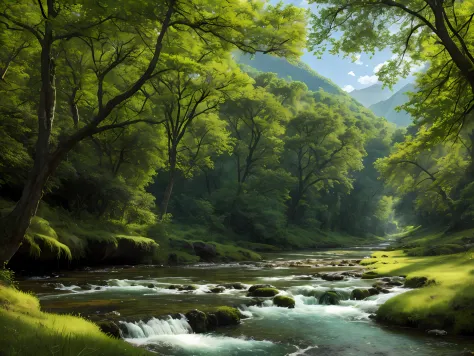 A forest river mirrors the surrounding mountain range. The water of a forest  river. Beautiful scenery of mountains, valleys, and rivers. Forested river.  Generative AI ilustração do Stock