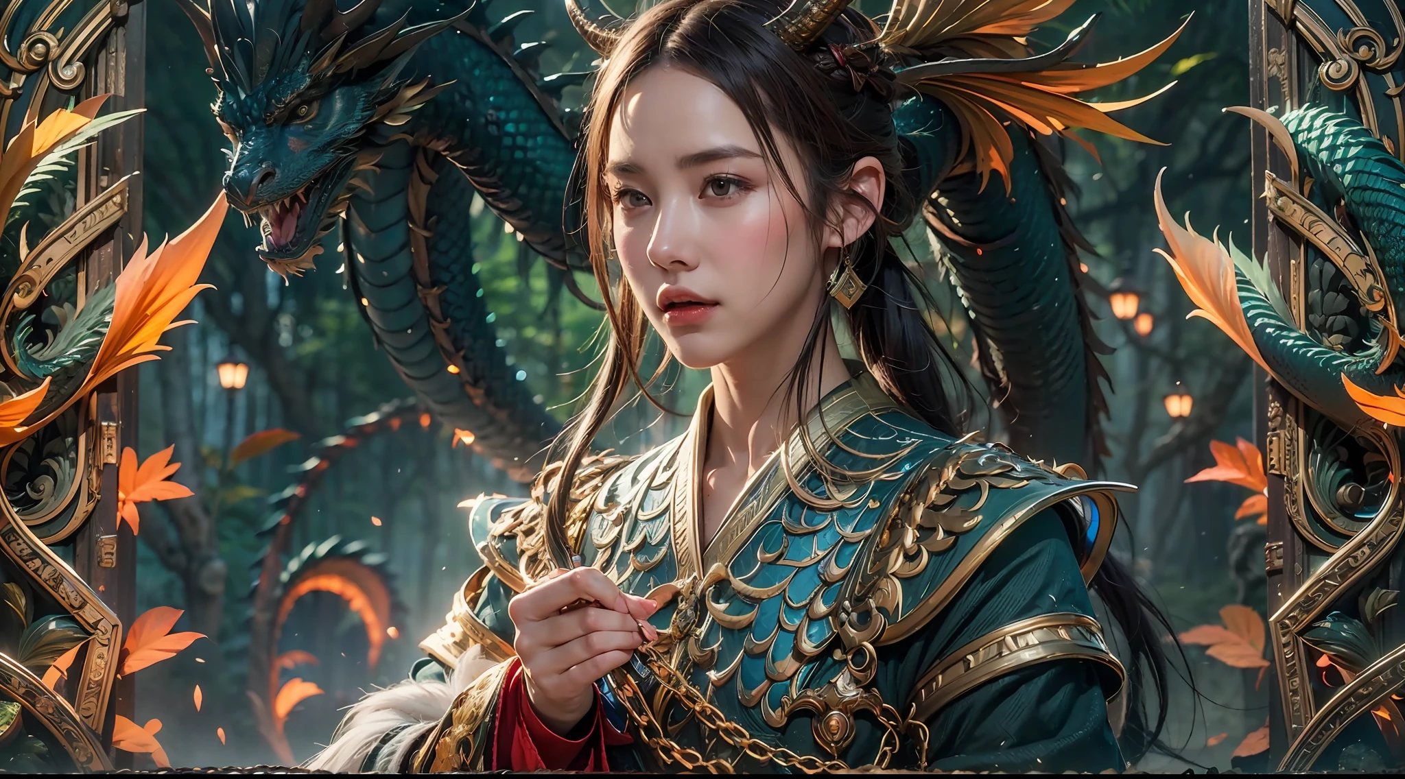 A beautiful girl with a rainbow dragon, ((girl wearing a long robe)), (wearing chain mail: 1.4), (long cloth pants: 1.2), (chain mail with dragon scale patterns), perfect facial features, delicate face, long hair, graceful, wisdom, courage, rainbow dragon, scales, horns, flames, wings, dragon claws, dragon protecting the girl, background for ancient forest, mysterious connection, protection, trust, realistic quality, realism, 8k, best quality, masterpiece, cinematic quality, high chiaroscuro, octane rendering