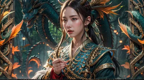 A beautiful girl with a rainbow dragon, ((girl wearing a long robe)), (wearing chain mail: 1.4), (long cloth pants: 1.2), (chain...