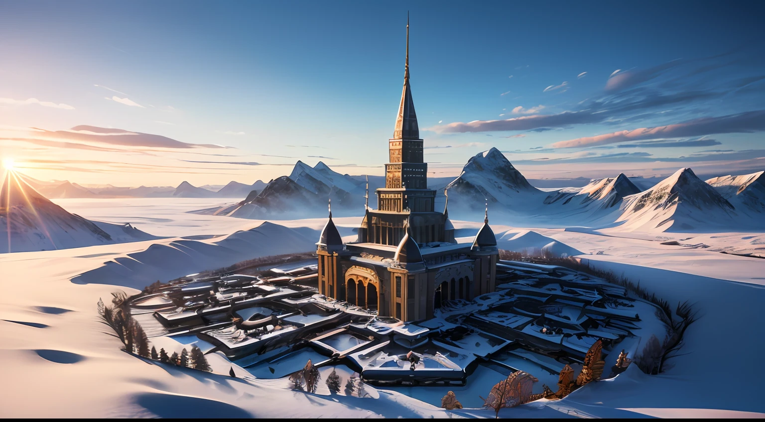 high details, best quality, 8k, [ultra detailed], masterpiece, best quality, (extremely detailed), ultra wide shot, RAW, photorealistic, fantasy art, a picture of a fantasy arctic tundra(1.6 intricate details, Masterpiece, best quality), with a snowy montain (1.5 intricate details, Masterpiece, best quality), magical temple (1.6 intricate details, Masterpiece, best quality), lake (1.6 intricate details, Masterpiece, best quality), view, a view from above, day light, reflection, clouds, divine light, sun light, sun rays, 3d rendering