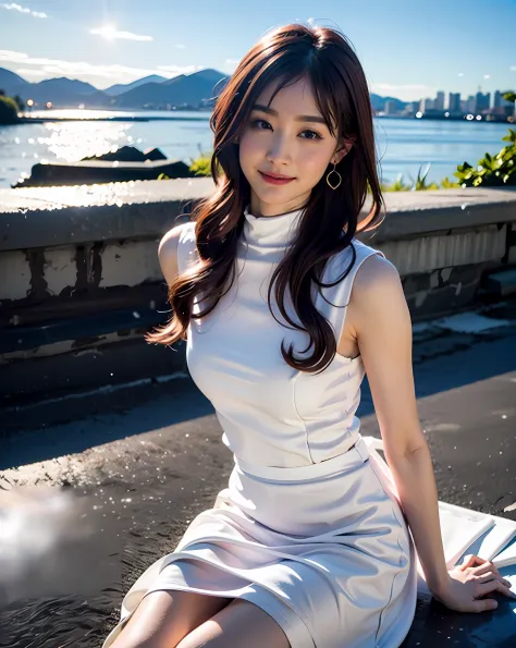 a woman posing on the street corner with white dress on, On the shore of the lake in clear weather、splash water、top-quality, hig...