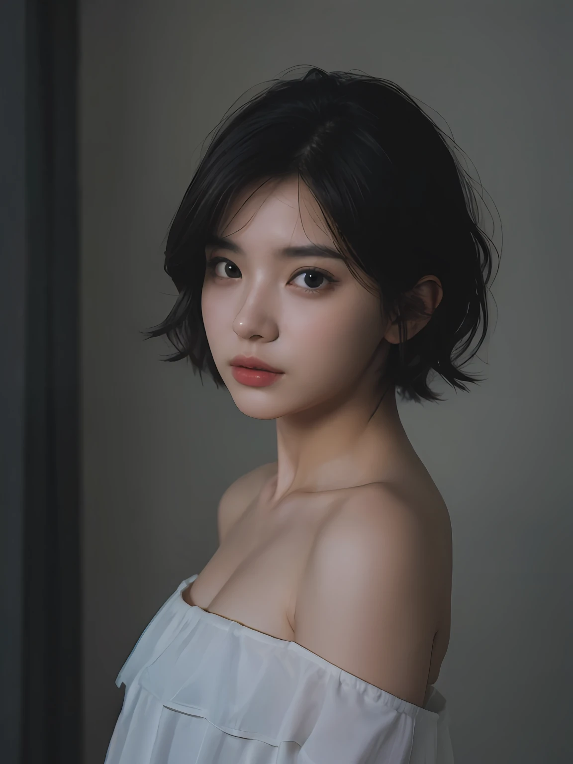 Best quality, masterpiece, ultra high res, (photorealistic:1.5), raw photo, 1girl, offshoulder, in the dark, deep shadow, low key, cold light, sexy look, short hair