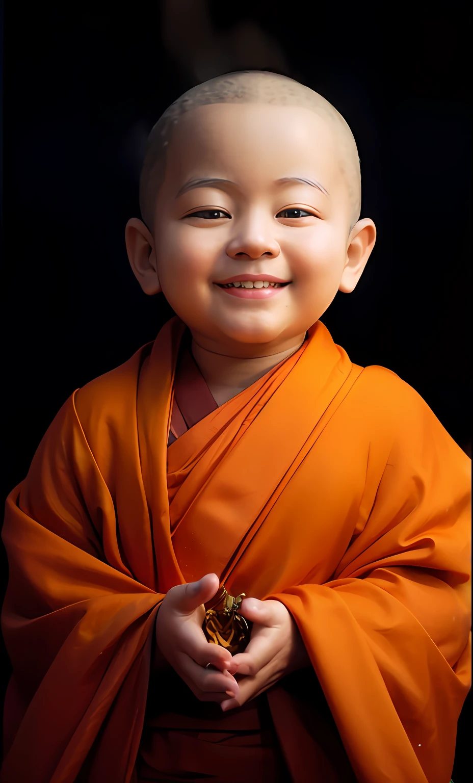 Arafeld  in orange robes holds a piece of food, Buddhist, buddhist monk, monk clothes, a serene smile, monk, Happy kids, happy and spirited expression, Buddhism, With a happy expression, portrait of monk, beautiful and smiling, lite smile, with a beautiful smile, Sweet smile, Innocent smile, happy and smile, wearing brown robes