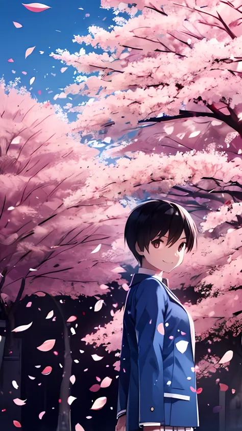 Upper body, vista, one boy and one girl, back-to-back, student uniform, smile, cherry blossoms, petals, sky, campus --auto