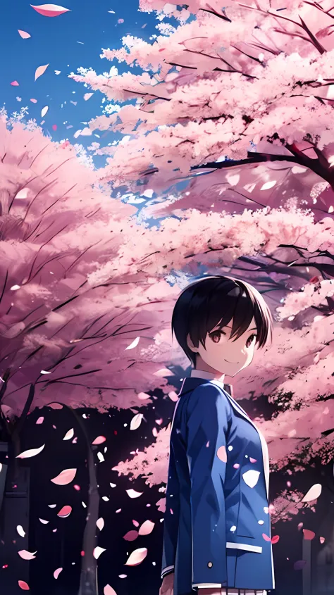 upper body, vista, one boy and one girl, back-to-back, student uniform, smile, cherry blossoms, petals, sky, campus --auto