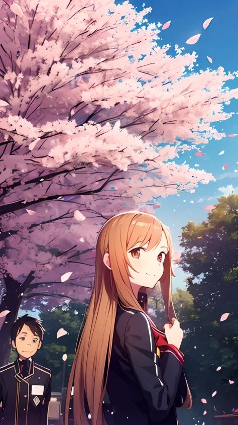 Upper body, vista, one boy and one girl, back-to-back, student uniform, smile, cherry blossoms, petals, sky, campus --auto