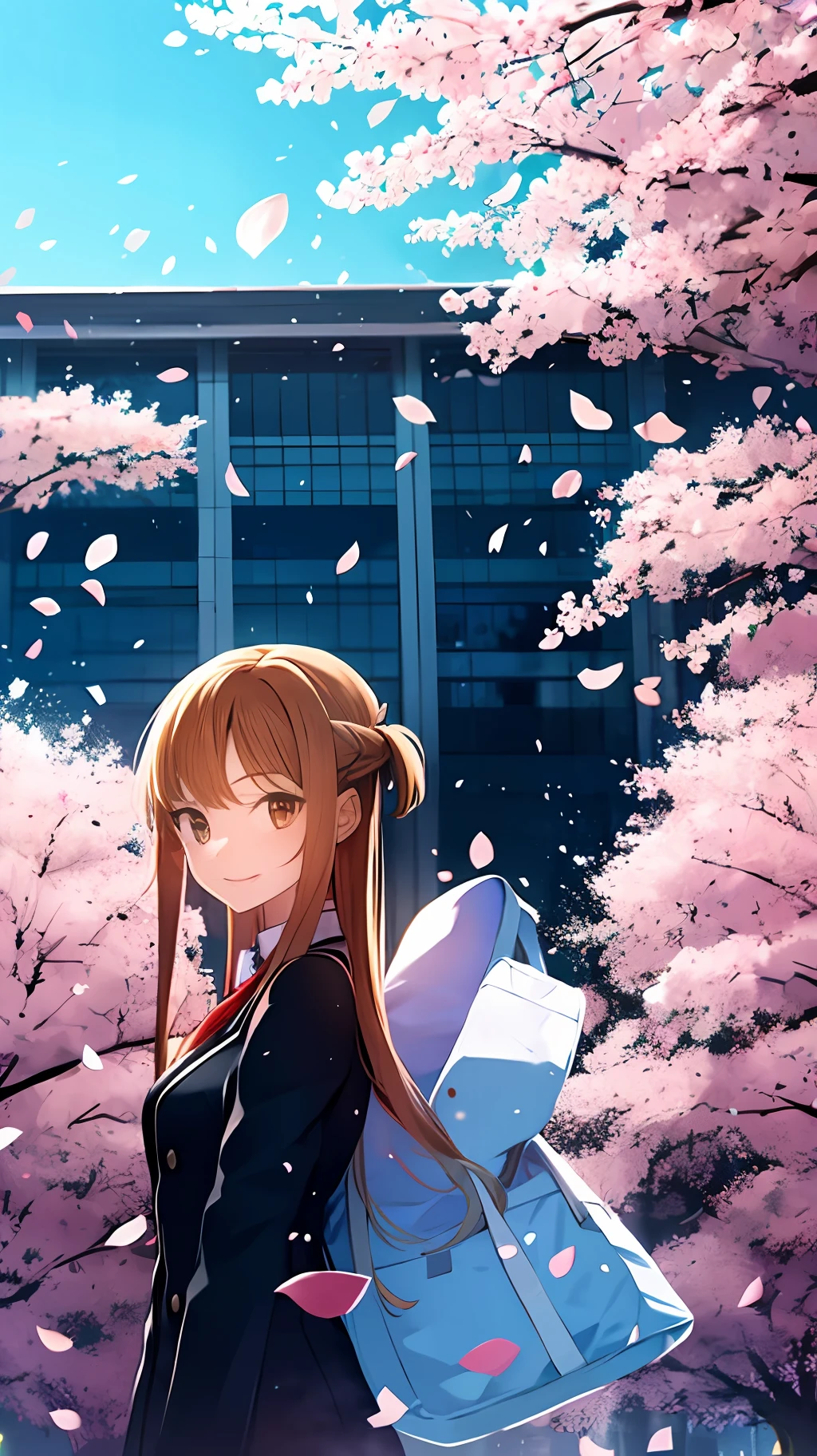 Upper body, vista, one boy and one girl, back-to-back, student uniform, smile, cherry blossoms, petals, sky, campus --auto