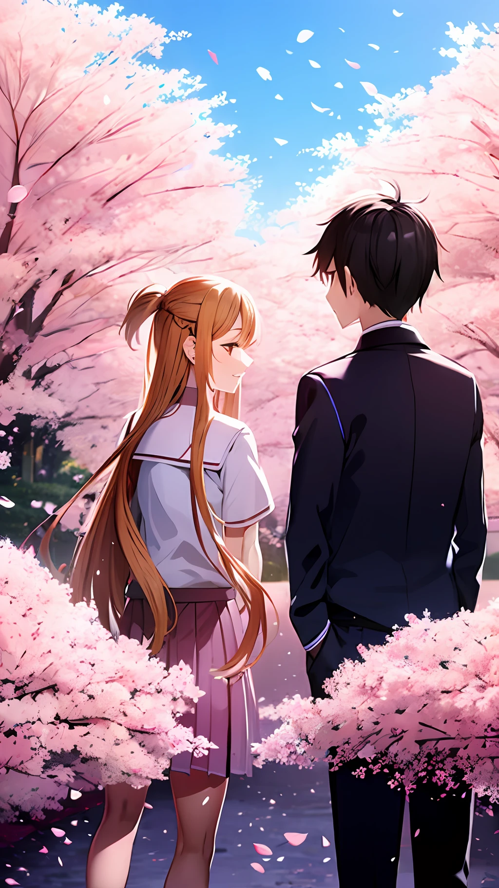 Upper body, vista, one boy and one girl, back-to-back, student uniform, smile, cherry blossoms, petals, sky, campus --auto