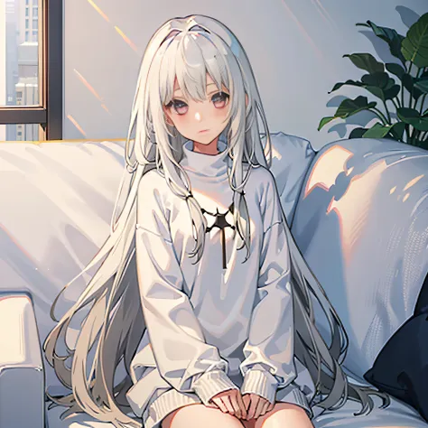 1girl, long hair, solo, sweater, looking at viewer, white hair, couch, white sweater, indoors, sitting, cable knit, closed mouth...