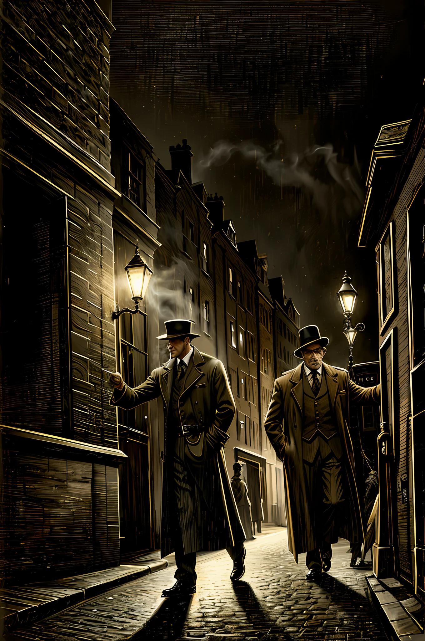 Gustavdor painting style，Detective wears（wind coat：1.1）And realistic illustration of hat，smoking pipe，At night in the city of Victorian London，epic lighting，cinmatic lighting，A high resolution，（detailled image：1），insanely details，（highly  detailed：1.2）