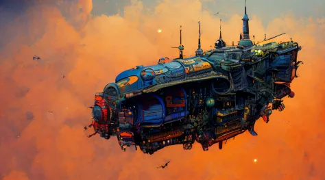 textless, photo of intricate detail heavily armed steampunk JovianSkyship floating high above the orange clouds at sunset against a starlit nights sky (photography by cyber-samurai:1.3)