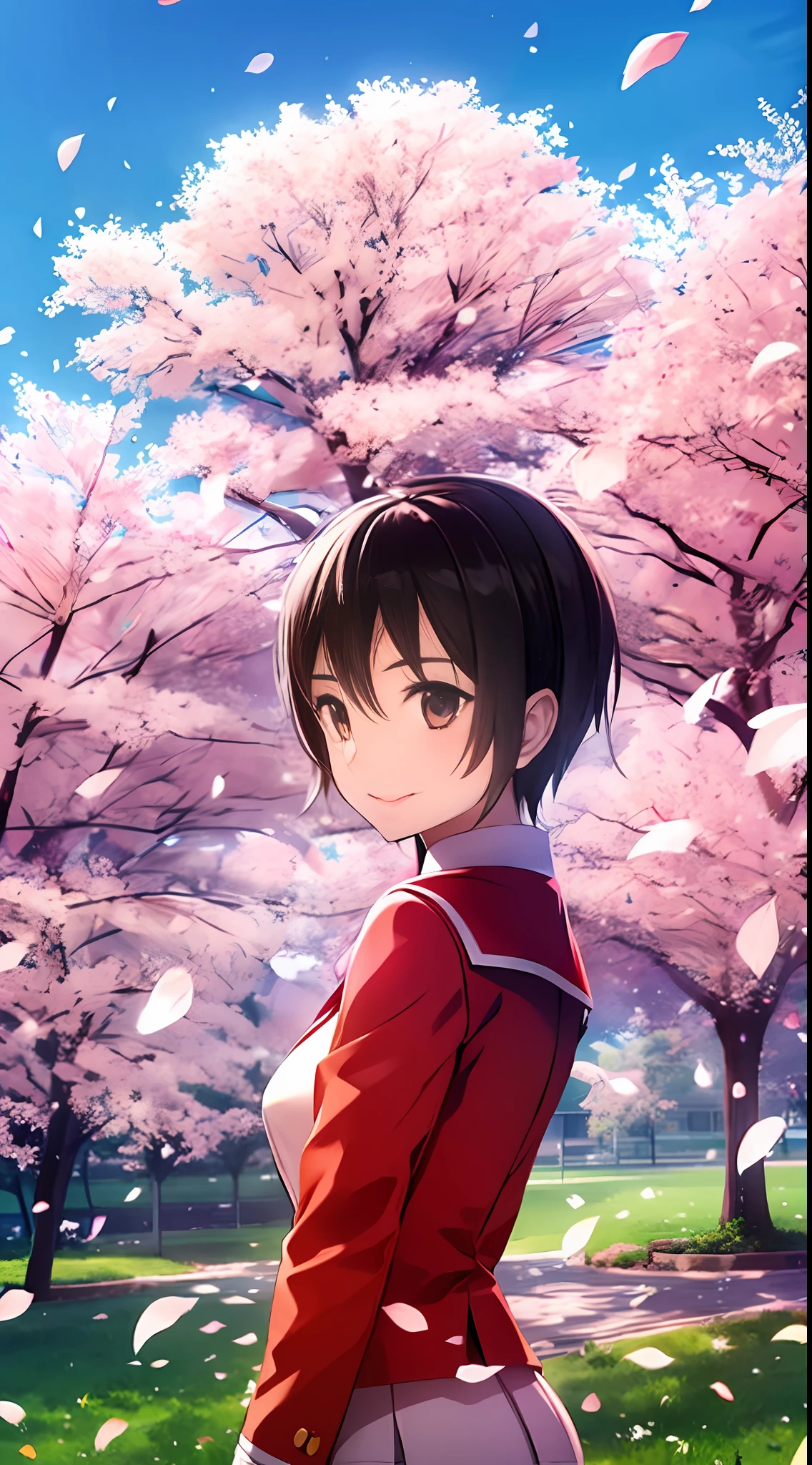 Upper body, vista, one boy and one girl, back-to-back, student uniform, smile, cherry blossoms, petals, sky, campus --auto