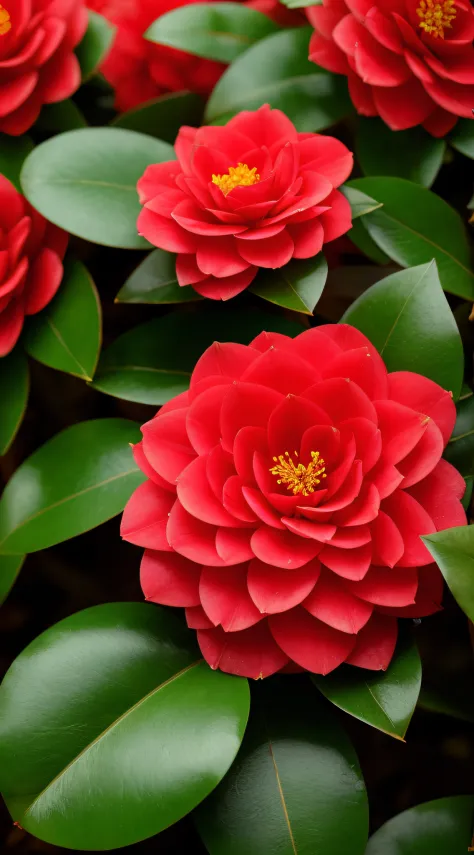 blooming red camellia, dewdrops, close-up shot, background suzhou garden, ultra hd, ultra-real, photorealistic effects, masterpi...