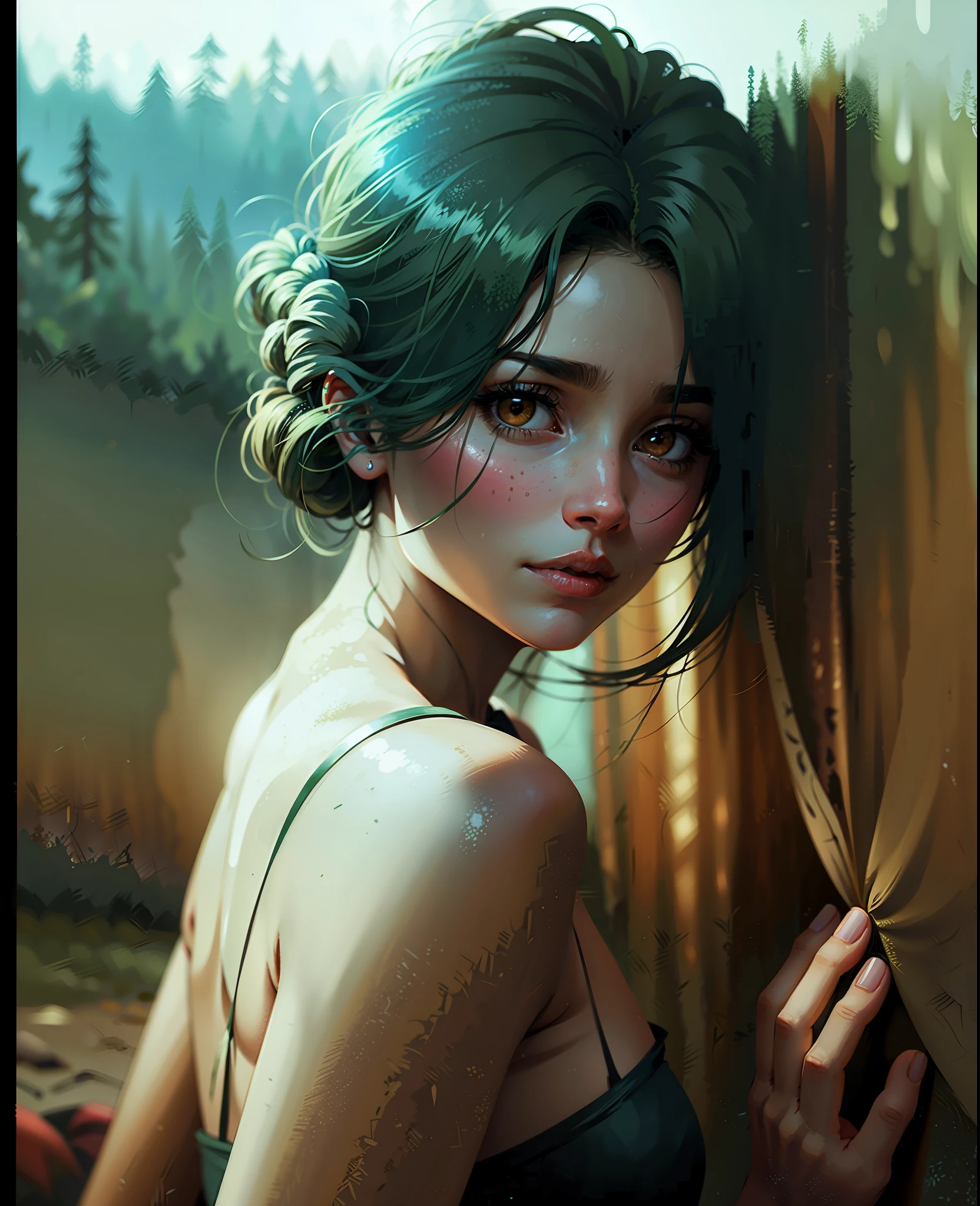 A close up of a woman with green hair and a black bra top - SeaArt AI