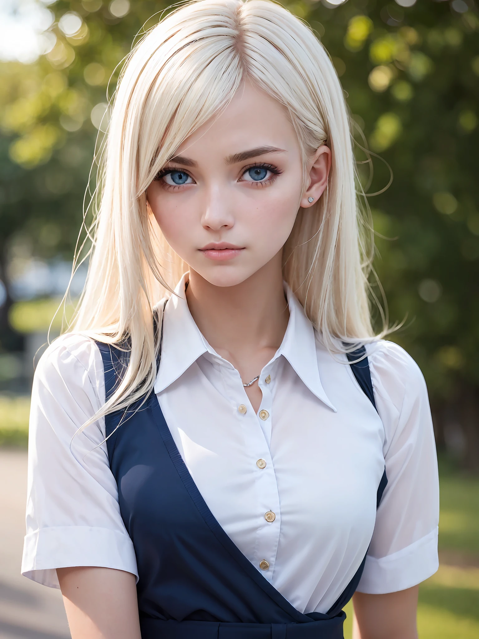 Realistic, Photorealistic: 1.37, masutepiece, Colorful, Fine detail, Beautiful skin, Fair skin, One Woman, (18 year old beautiful Nordic woman: 1.1), (Western Look), Ultra high definition, (8K, Raw photo, Best Quality, masutepiece: 1.2), (Realistic )), Attractive big blue eyes, ( 50mm Sigma f/1.4 ZEISS lens, F1.2, 1/800s, ISO 100, Photo: 1.1), Beautiful bangs、finer hair、(Silky very long platinum blonde hair: 1.2), (Realistic), Bokeh, sharp, (Photorealistic), Live action photos, Solo, of the highest quality, Very beautiful face, beautiful detailed blue eyes, ((School uniform)), Shirt blouse, Mini skirt, Pleated skirt,