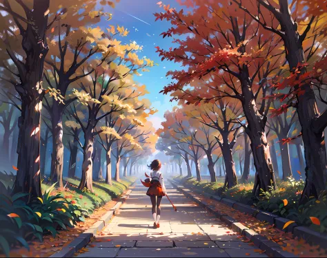 no humans, anime landscapes, autumnal, skysky, ​​clouds,naturey、autumn leaves in the air、momiji、makoto shinkai's painting style,...