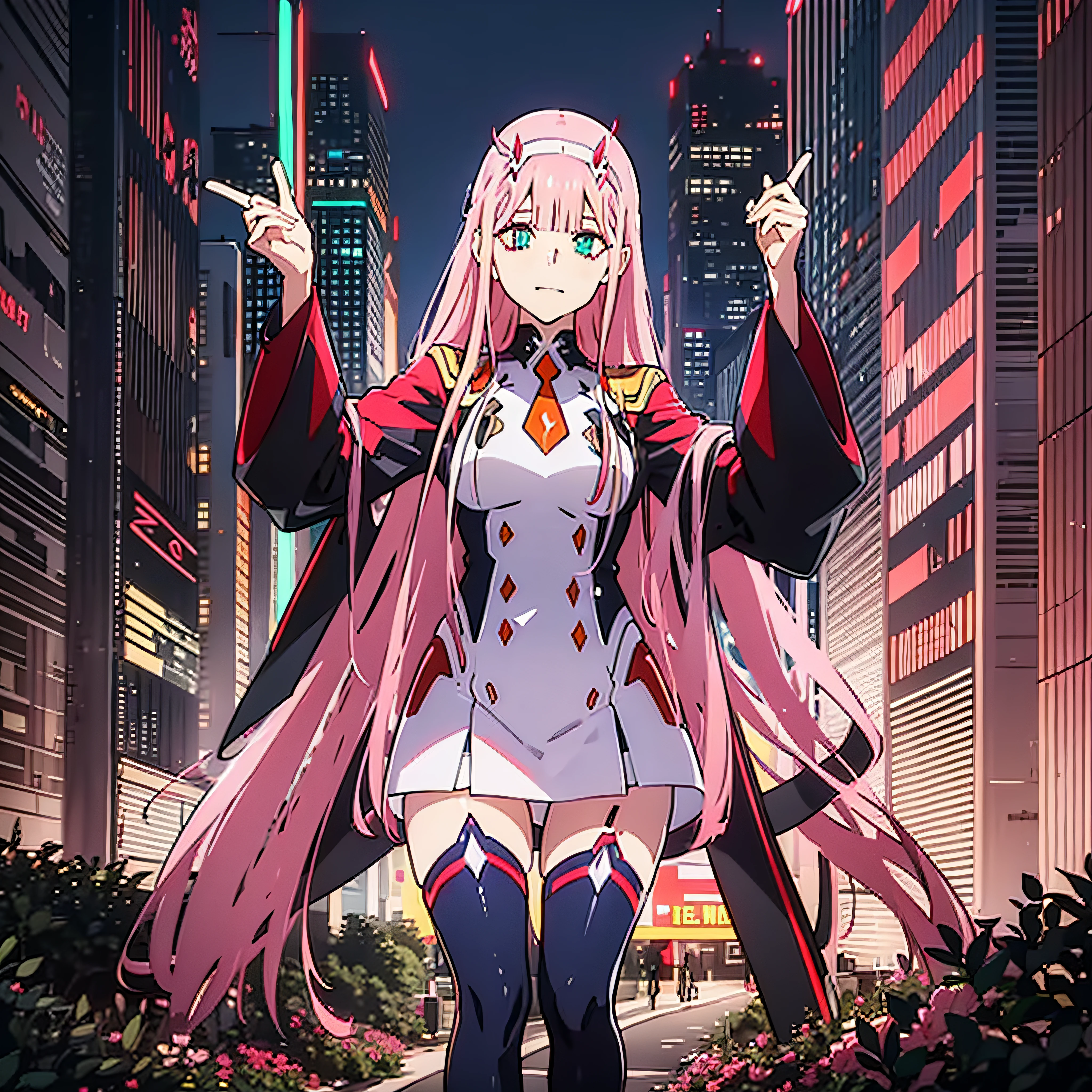 world cyberpunk, masterpiece, 8k, neon, 8k, Neon light, ((Zero Two)), Lora-Zero Two, darling in the franxx, 1 girl