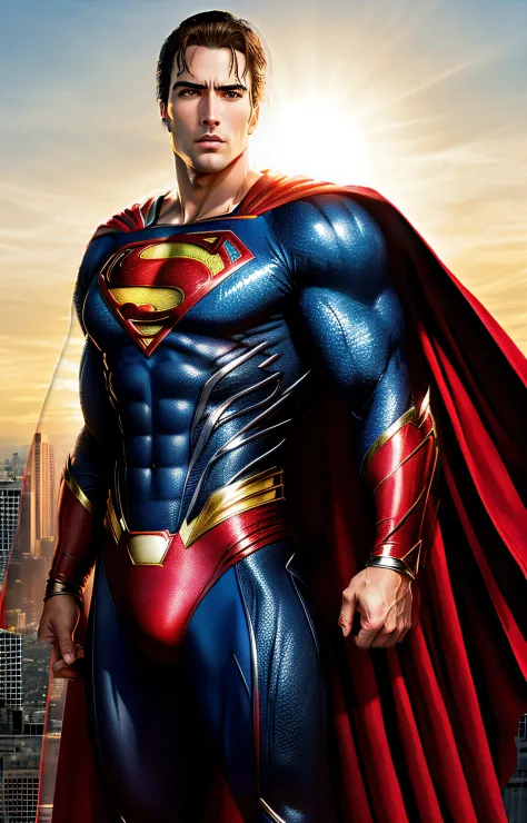 Superman em um terno azul com uma capa vermelha e um horizonte da cidade, Justin Hartley como Superman, Super-homem, pose do super-homem, Dwayne Johnson como Superman, sem texto, Traje do Superman, super high resolution, Herry Cavill, foto do cartaz, krypt...