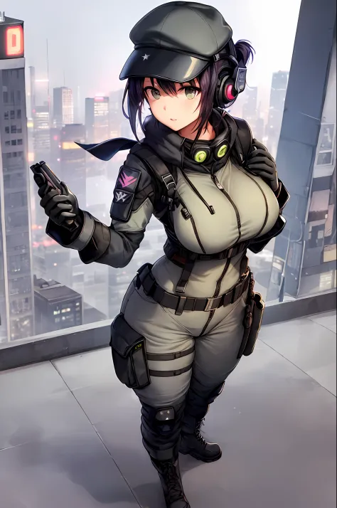 1girl, solo, zip up, baggy pants, chest rig, holster, ammo pouch, neck gaiter, large scarf, patrol cap, headset, microphone, wid...