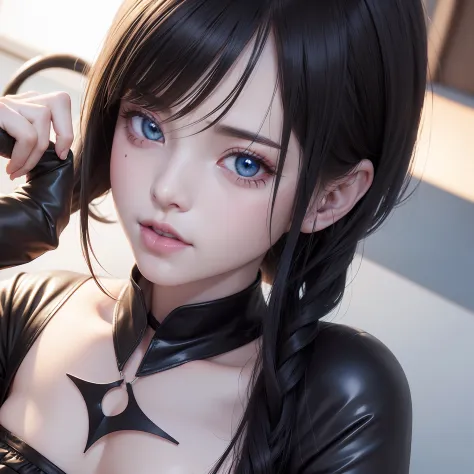 Blue eyes and black hair (Open mouth and stick out tongue) Anime Girls, (The Joker)mint(spider-man)a girl in, 1girl, Seductive Anime Girl, Smooth Anime CG Art, Fine details. girls' frontline, photorealistic anime girl render, render of april, from girls fr...