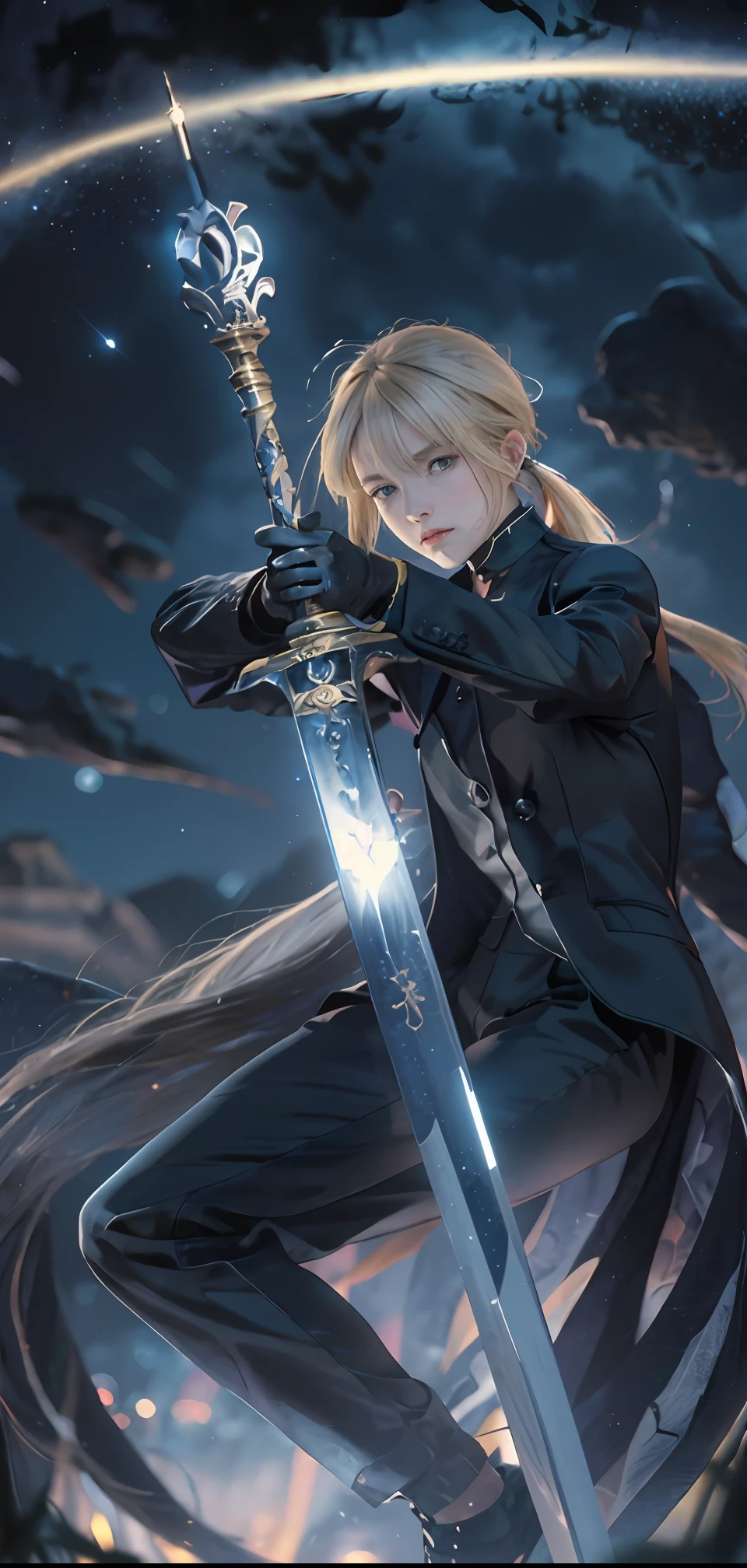 ((masterpiece:1.2, best quality)), realistic, 1girl, solo, blood, male focus, looking at viewer, artoria pendragon \(fate\), black (((suit))), black (((pant suit))), (((ponytail))), (((black gloves))), aurora, night, stars (sky), sky, night sky, starry sky, holding Magic Sword, Dark Clouds, Night, model shot, (Impressionism: 1.4), (Tarot: 1.3), Alphonse Mucha,