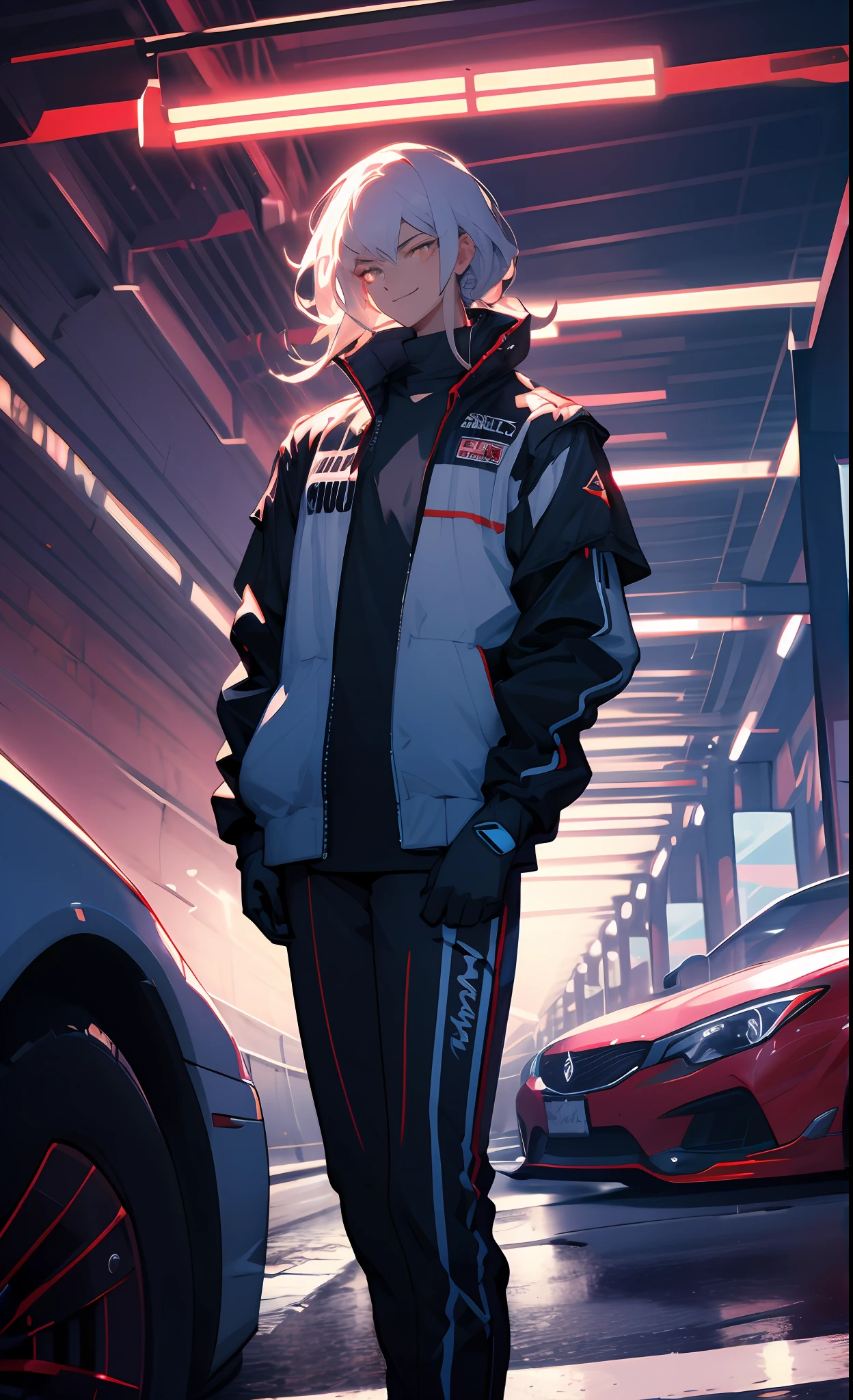 masterpiece, best quality, leaning against car, underground street racing, oversized racing jacket, racing gloves, oversized clothes, night, glow, glowing, close-up, smug, (smile:0.8)