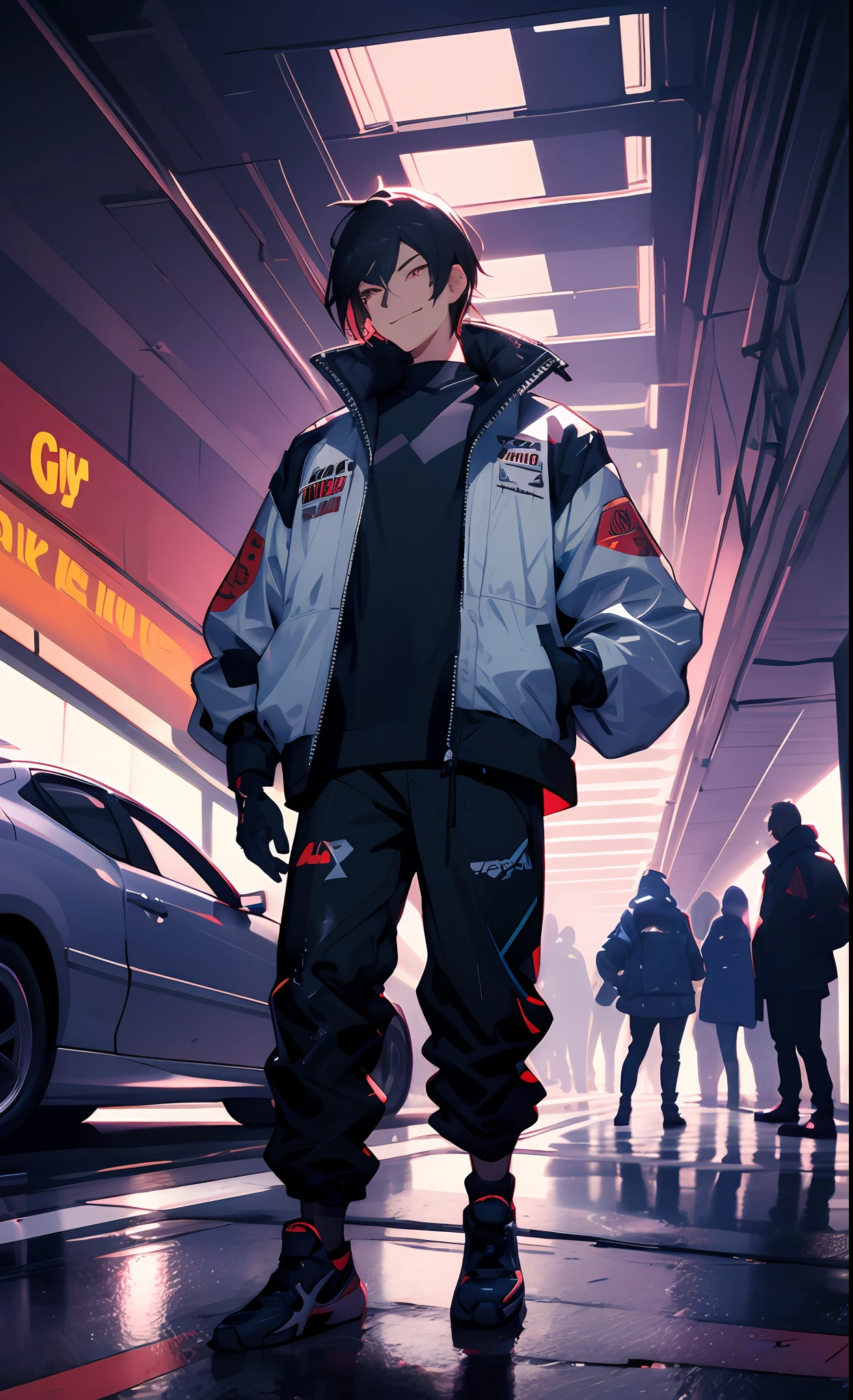 masterpiece, best quality, leaning against car, underground street racing, oversized racing jacket, racing gloves, oversized clothes, night, glow, glowing, close-up, smug, (smile:0.8)