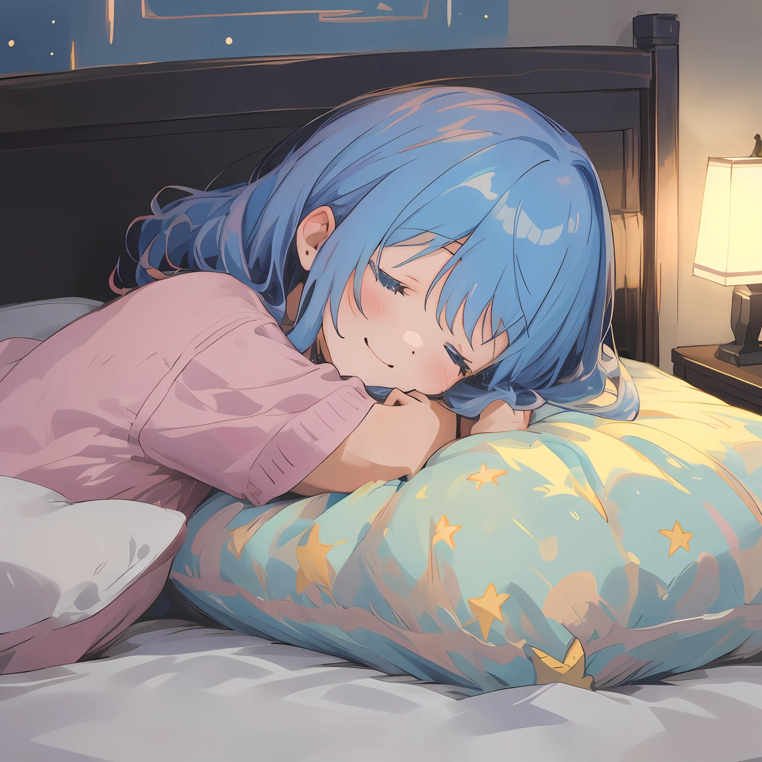 best qualtiy， tmasterpiece， illustratio， ultra - detailed，1 girl sleeps with her eyes closed，ssmile，Bedrooms，Lights that go out， covered with blanket， janelas，Romantic starry sky，extreme light，Meteors streak across