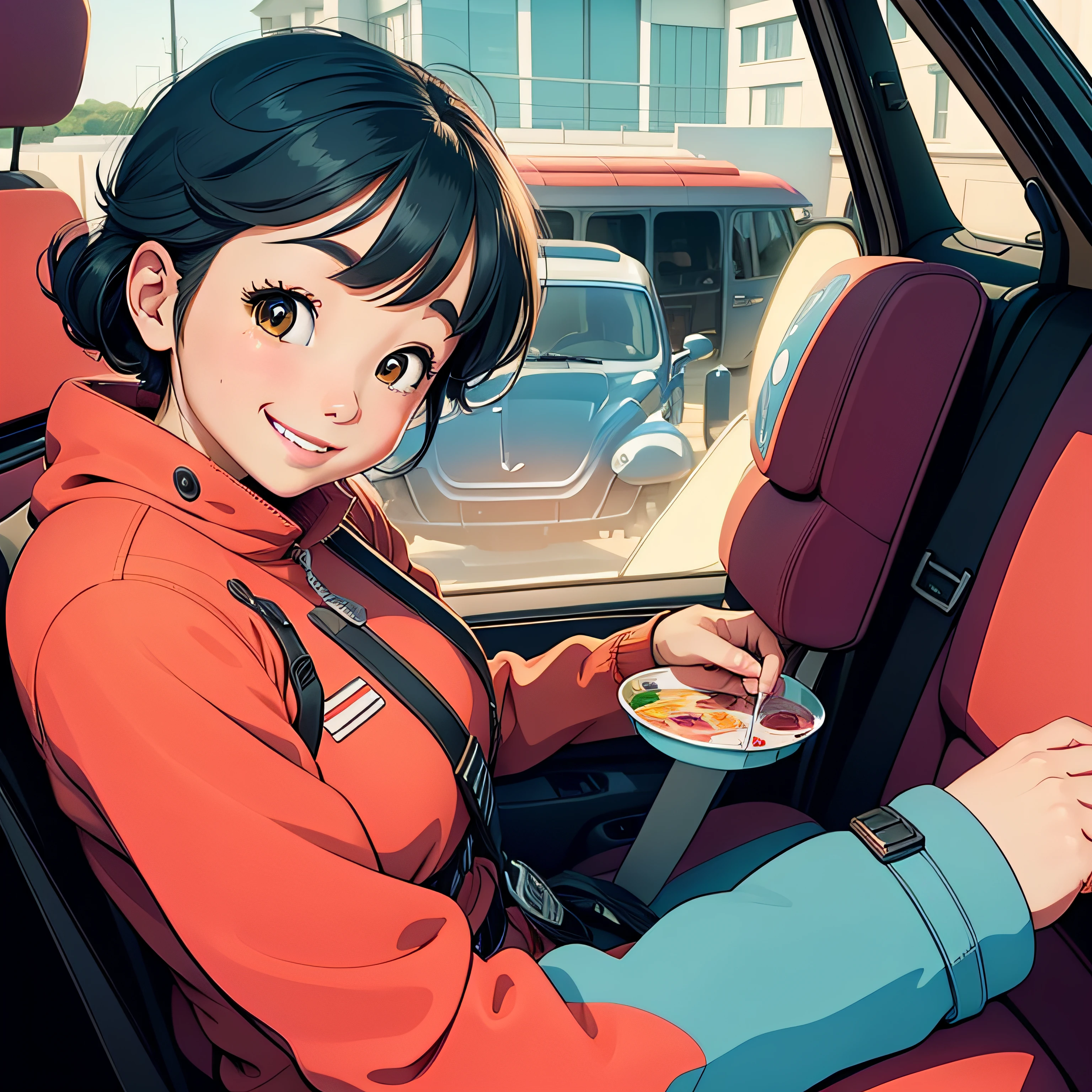 Severn Ultraman，Miyazaki painting style，Brilliant colors，Colorful colorful，Severn Ultraman sat in the car，In the back seat of the car sat a female team member，The female team member smiled brightly，adorable smile，illustration，Illustrator，