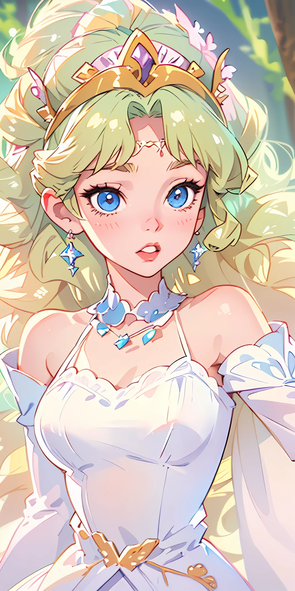 1 Princess，Thick blonde curls，(Gorgeous white dress、tiara crown、jewelry)，pretty eyes，Blush，pastelcolor，Retro anime，1990s anime，tmasterpiece，Best quality