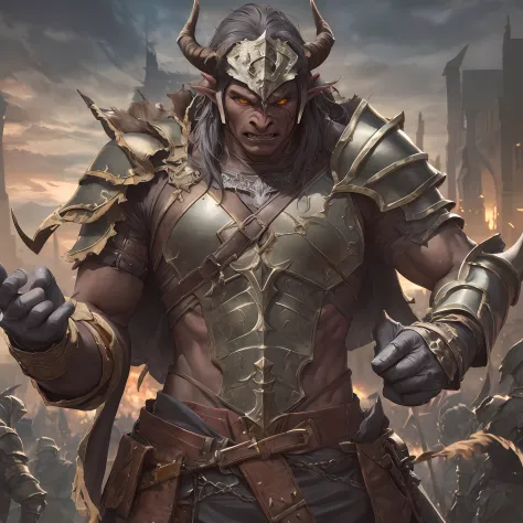 orcs, dark-skinned, horned, armor, strong, highly detailed, masterpiece, shadowverse style