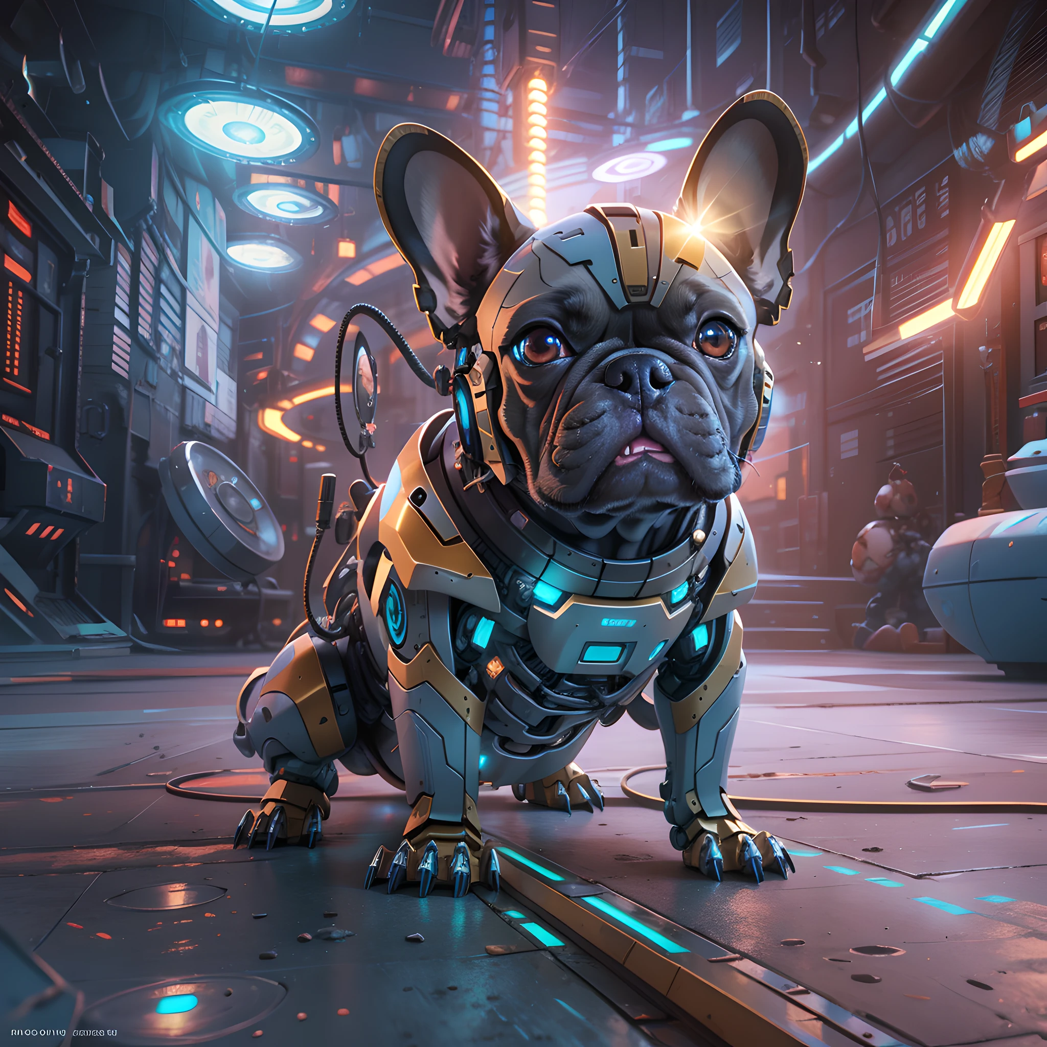 Französische Bulldogge, Robotisierung des gesamten Körpers mit Ausnahme des Gesichts, Roboter-Glasfaser-Blade, LED um die Augen, Klaren Mecha-Planetenhintergrund, Stereoskopischer Effekt, 3D gerendert, (beste Illustration), (Super detaillierte CG), digitale Zeichnung, Augen der Milchstraße, Ultra-Definition, --ios 120, sorgfältiger Ausdruck, HDR, extrem hohe Details, Unreal Engine, Satte Farben, Oktan-Rendering, 8k