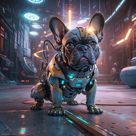 French Bulldog, Robotization of the whole body except for the face, Robot Fiber Optic Blade, LED around the eyes, Clear Mecha pl...