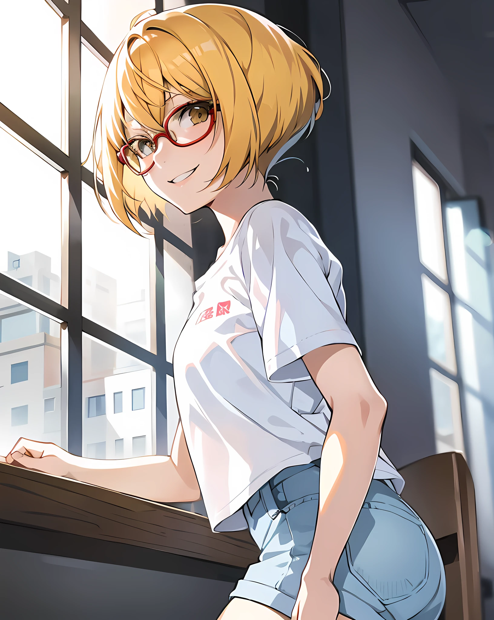 anime girl 戴眼镜 leaning on a window ledge, 戴眼镜, 动漫萌艺术风格, 戴眼镜 on, 休闲姿势, 可爱又略带书呆子的微笑, 揶揄的微笑, [[[[邪恶地笑着]]]], !!戴眼镜!!, (SFW) 工作安全, 日常着装, 流畅的动漫 CG 艺术, 靠在窗户上, 靠近窗户, 生动, 单元格阴影