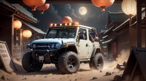 Mid-Autumn Festival，Wrangler buggy，Moon，hyper realisitc，Poster baseplate，Prime number chart，Chinese style elements，