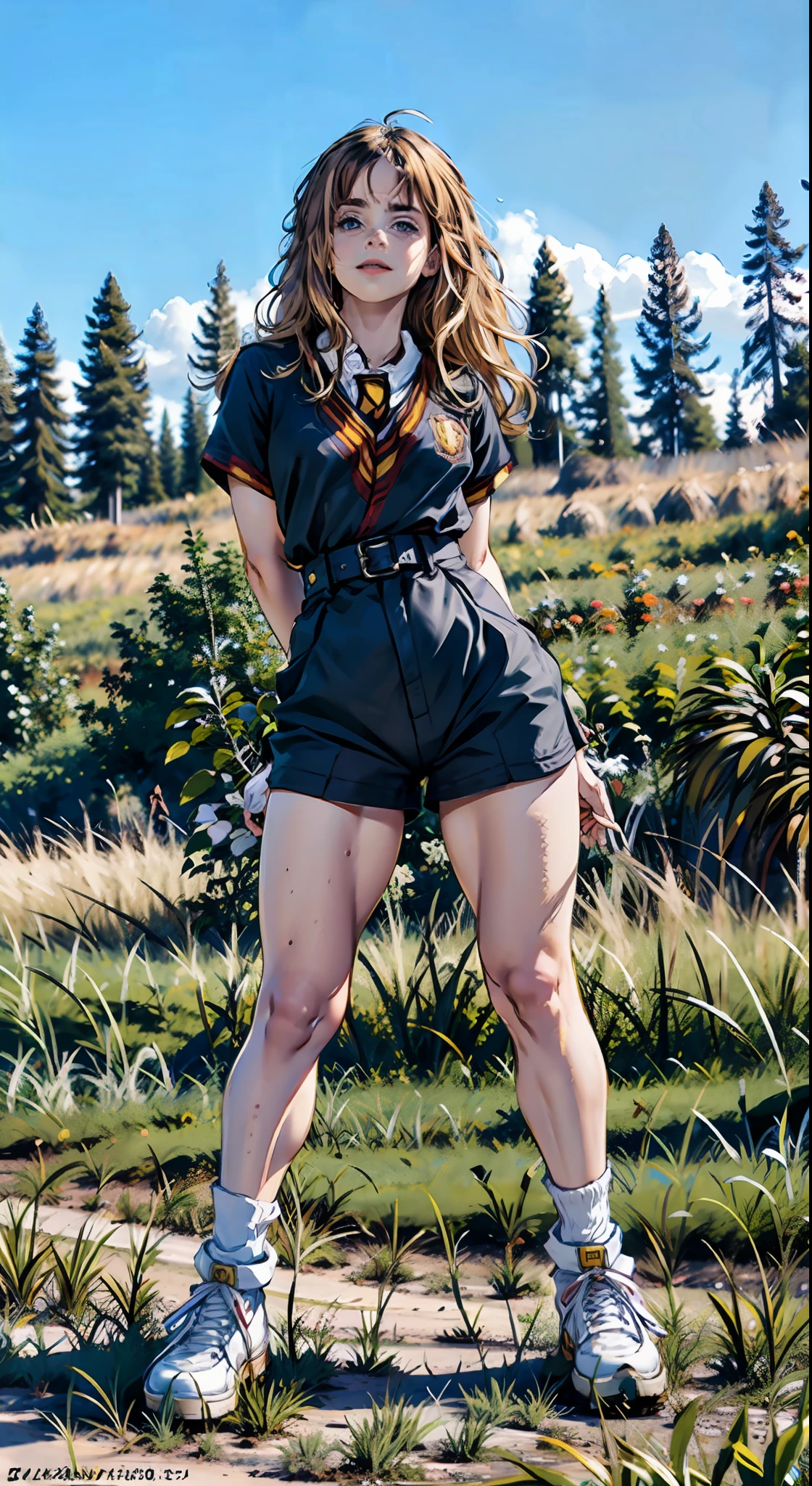 Hermione in a short outfit posing for a photo, big-ass, thick-thighs, massive legs towering over you, legs thick, full body in sight, thighs exposed!!!, thicc, cute face with arms and legs, skin-tight outfit, Full-body image, full body length shot, sexy look, tight costume, in full growth,  short robust woman, very well made face, face in 8k