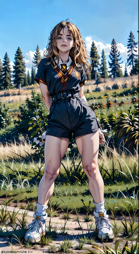 Hermione em uma roupa curta posando para uma foto, bunda grande, coxas grossas, massive legs towering over you, pernas grossas, ...