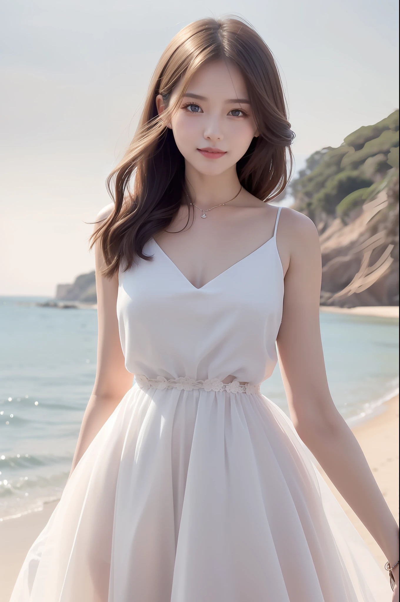 high detal,8K分辨率,超高分辨率,Young beautiful girl slightly fat,((waist-up)) ，full bodyesbian，A cute girl，long whitr hair，Bright and clear eyes,(voluminous hair,鎖骨,Exquisite and perfect facial features, the most beautiful big eyes,Long eyelashes,Wear an organza dress，Theron fluffy skirt，Crop topping，sweet eyes,ssmile)，dynamic angle,Extreme picture quality,Highest accuracy,Precise and perfect human anatomy，with blue sky and white clouds，On the beautiful seaside，sandbeach。