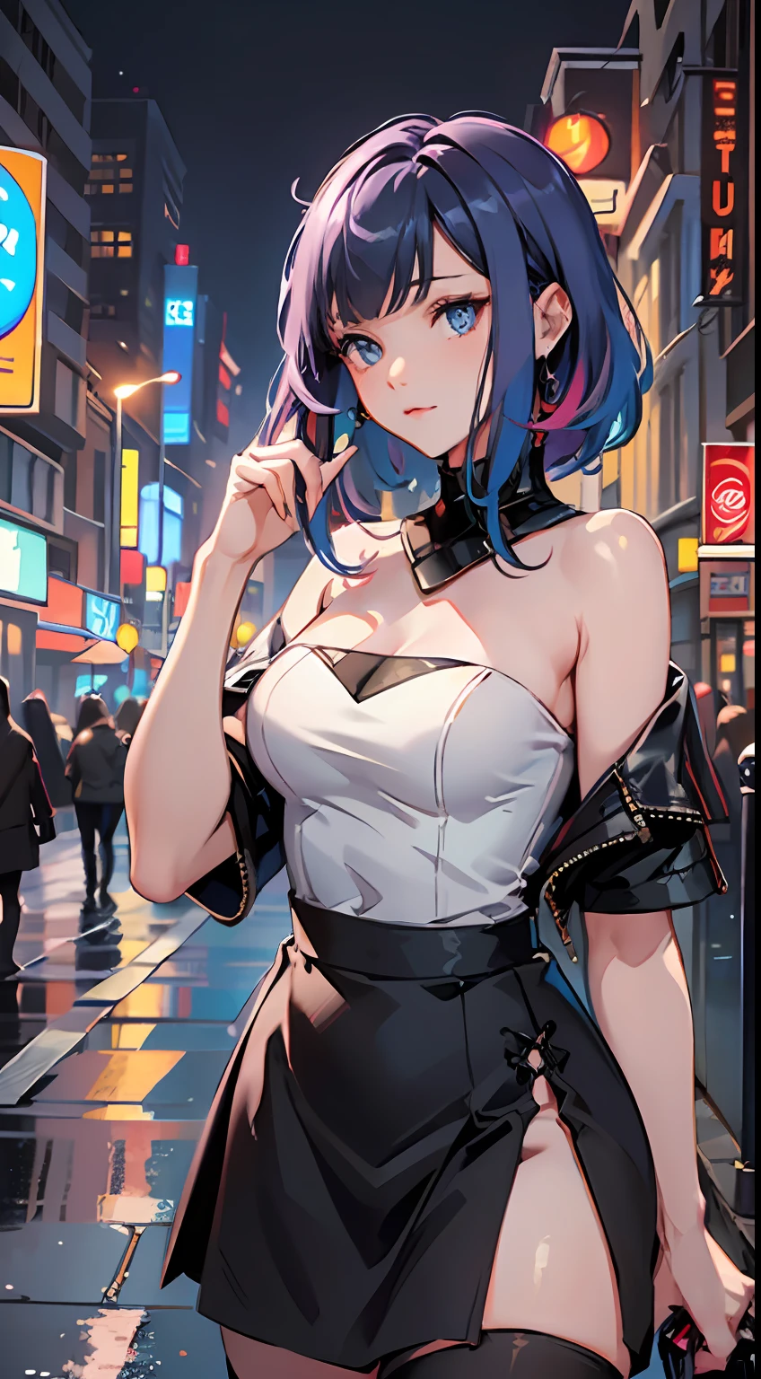 So, imagine an image of Ina in an outfit similar to the girl in the previous prompt. Ina is dressed in a tube top and a black skirt with thigh-high stockings on hers. Her hair and eyes are detailed with realistic lighting and shadows. Ina is standing in the middle of the street, absorbed in her cell phone, oblivious to her surroundings. The image is a high quality masterpiece that shows the beauty and sensuality of Ina in a modern and urban style. The lighting is vibrant and colourful, bringing out the details of the image against a background of a vibrant city. The image shows Ina in an urban setting, surrounded by buildings and bright lights.