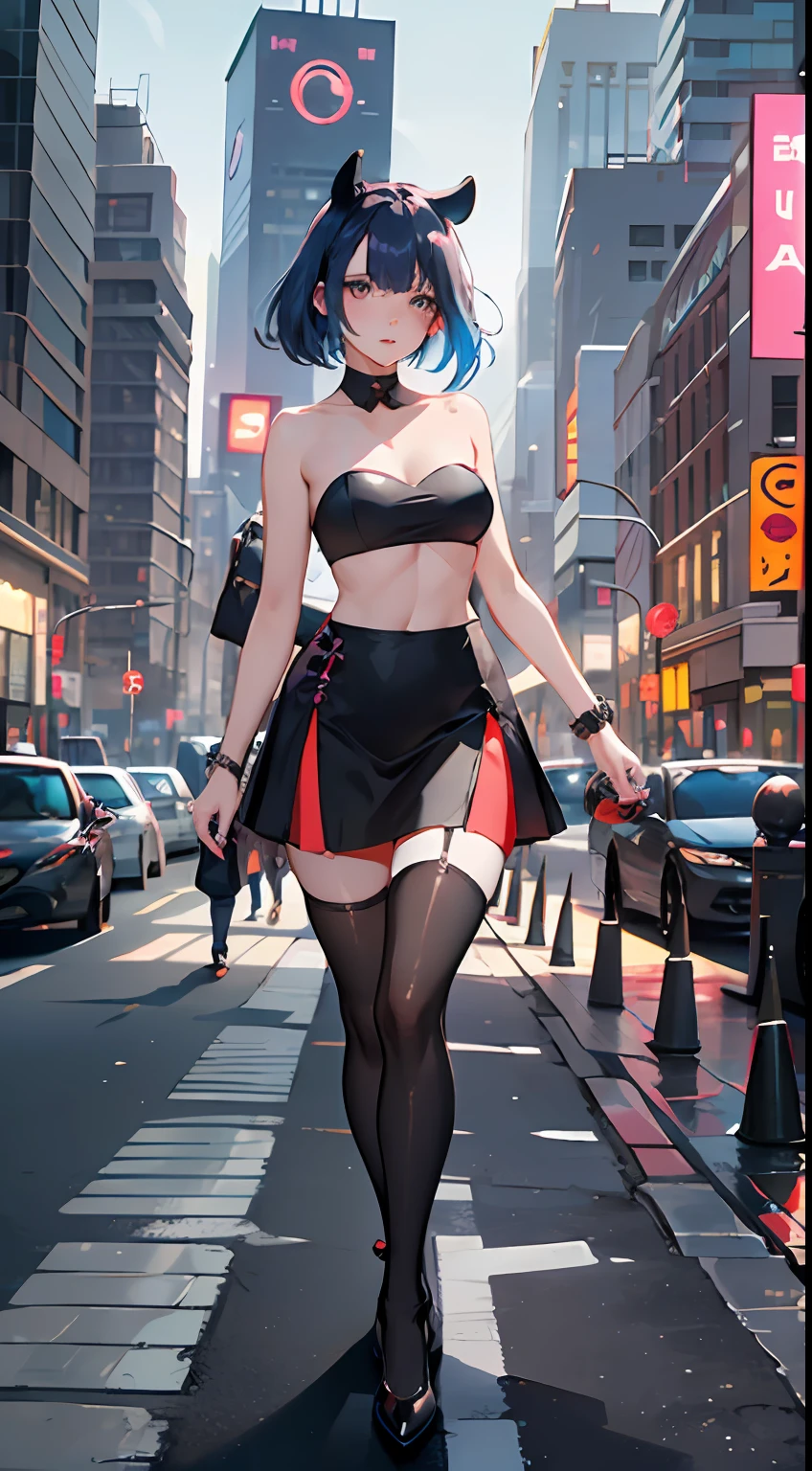 So, imagine an image of Ina in an outfit similar to the girl in the previous prompt. Ina is dressed in a tube top and a black skirt with thigh-high stockings on hers. Her hair and eyes are detailed with realistic lighting and shadows. Ina is standing in the middle of the street, absorbed in her cell phone, oblivious to her surroundings. The image is a high quality masterpiece that shows the beauty and sensuality of Ina in a modern and urban style. The lighting is vibrant and colourful, bringing out the details of the image against a background of a vibrant city. The image shows Ina in an urban setting, surrounded by buildings and bright lights.