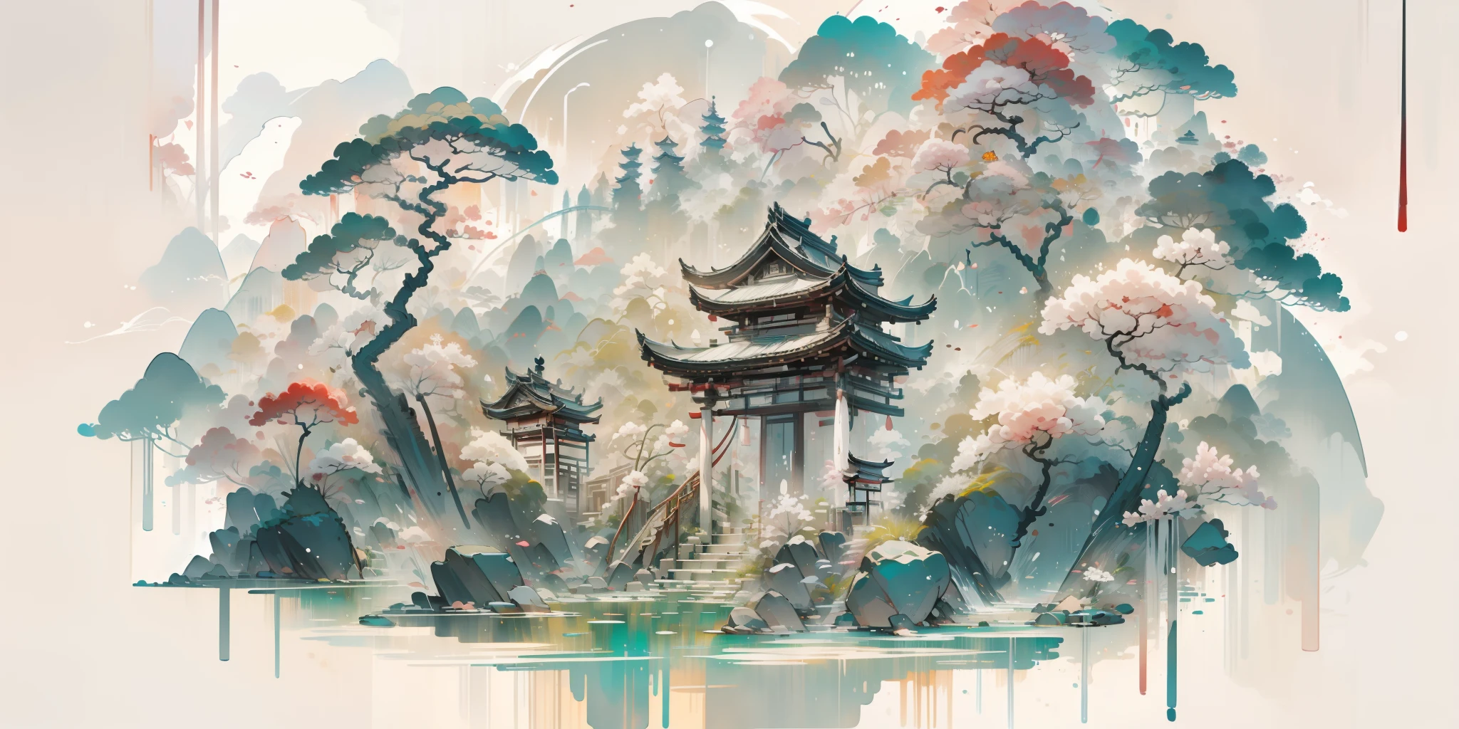 Un cuadro de paisaje oriental, ancient China, fondo blanco extremadamente puro, soñador, romantic, Anticuado, 3d, 8k, Destacar, detalles extremadamente finos, estilo wabi sabi,