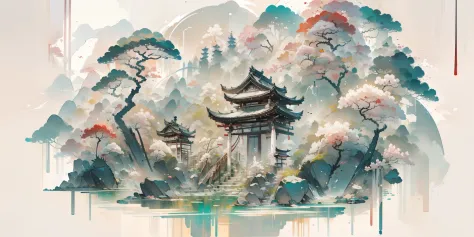 An oriental landscape painting, ancient China, extremely pure white background, dreamy, romantic, old-fashioned, 3D, 8K, spotlig...