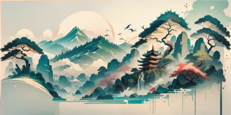 An oriental landscape painting, ancient China, extremely pure white background, dreamy, romantic, old-fashioned, 3D, 8K, spotlig...