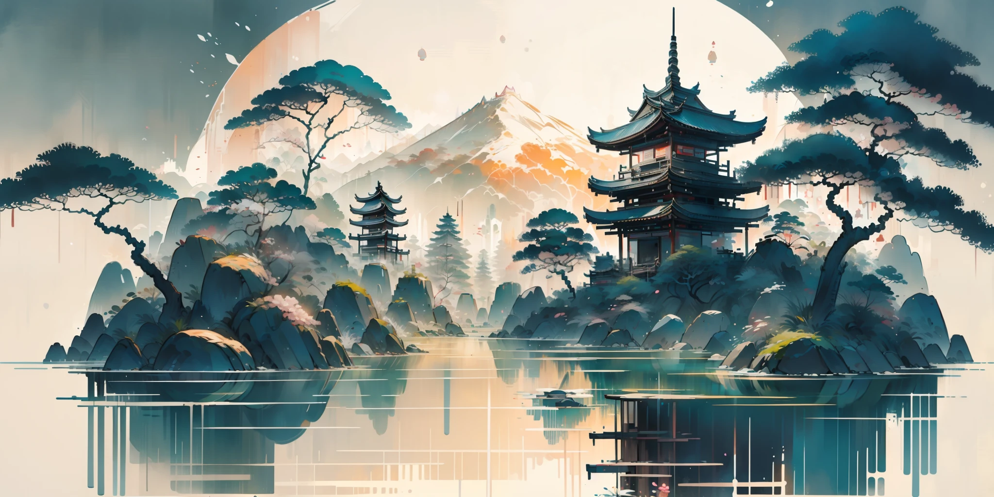 Uma pintura de paisagem oriental, China antiga, fundo branco extremamente puro, Sonhadores, romântico, antiquado, 3D, 8K, Holofote, detalhes extremamente finos, estilo wabi-sabi,