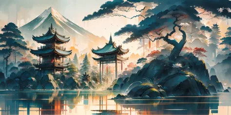 an oriental landscape painting, ancient china, extremely pure white background, dreamy, romantic, old-fashioned, 3d, 8k, spotlig...